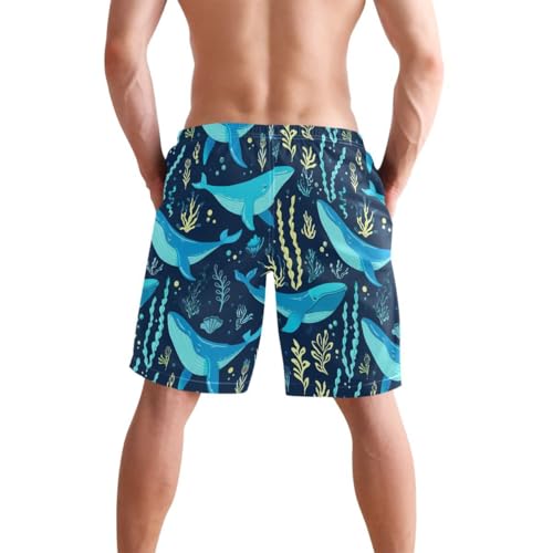 Ocean Whale Seaweed Blue Mens Swim Trunks Quick Dry Beach Shorts with Pocket S 23031623
