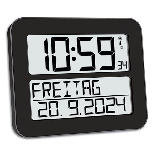 TFA Dostmann Horloge Murale numérique Timeline Max, 60.4512.011, très Grand Affichage, Jour de la Semaine réglable en français, Affichage de la Date, Horloge Murale pour Seniors, Noir