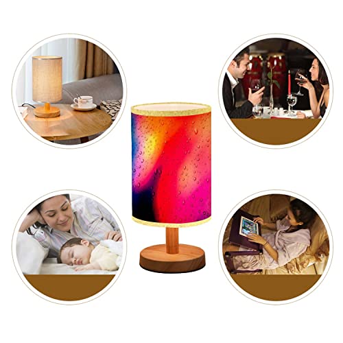 Lopyeijfg Minimalist Bedside Table Lamp Rain Drops Colorful Glass Window Wood Nightstand Lamp Bedside Desk Lamp Wood Base Flaxen Fabric Shade For Bedroom Living Room #TOP4
