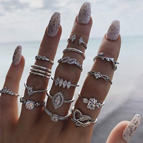Kakaco Crystal Finger Rings Silver Rhinestone Ring Set Heart Midi Women Statements' Rings Fashion Hand Jewelry for Women and Girls(Pack of 15) (set 1-silver)