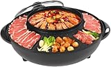 Hotpot and Grill Combo Electric, 2 in 1 Korean BBQ Grill, 1350w Shabu Pot with Divider, Portable Smokeless Hot Pot Grill, Indoor Frying Pan and Hot Pot W/Clear Lid for 3-5 People