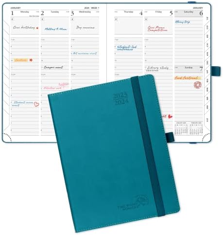 POPRUN Planner 2023-2024 (6.5'' x 8.5'') Academic Year Calendar (July 2023 - June 2024) with Hourly Time Slots, Monthly Weekly & Daily Organizer for time Management, Soft Leather Cover - Pacific Green