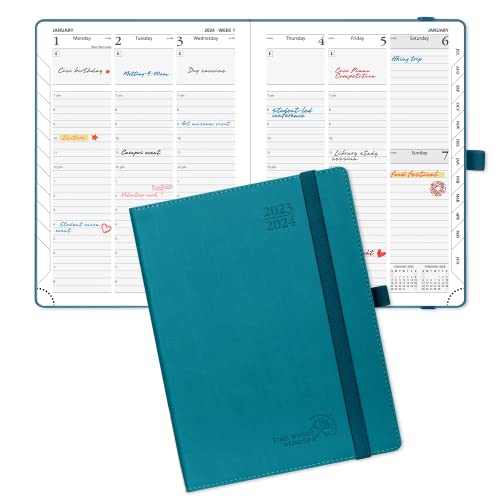 Poprun Planner 2023-2024 (6.5'' X 8.5'') Academic Year Calendar (July 2023 - June 2024) With Hourly Time Slots, Monthly Weekly & Daily Organizer For Time Management, Soft Leather Cover - Pacific Green #TOP30