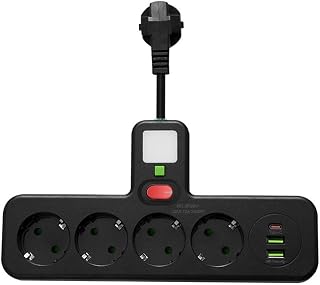 Steckdosenleiste mit Schalter Wandmontage Kurz Kabel(8028U Black) | Integrierter Hauptschalter, beleuchtet, energieeffizient, sicheres Ein/Ausschalten, für alle Geräte