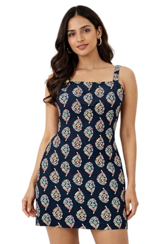 Image of Rayon Printed Short Dress for Women | Sleeveless Style | Pull-On Closure, Floral Design, Square Neck, Slim Fit Style for Parties, Summer Evening Outfits - Black