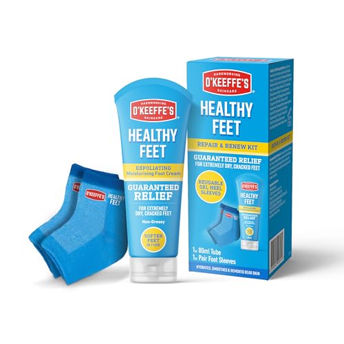 OKeeffes Healthy Feet Repair & Renew Kit Exfoliating Foot Cream 80ml & Reusable Gel Heel Sleeves for Extremely Dry Cracked Heels Softer Heels in One Use