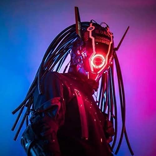 Cool Wild Punk Mask with Lights Futuristic Punk Mask with Tubes Dreads Hair-looking Interstellar Costume LED Glowing Punk Mask Helmet Halloween Cosplay Accessories Techwear Full Face Mask for Men