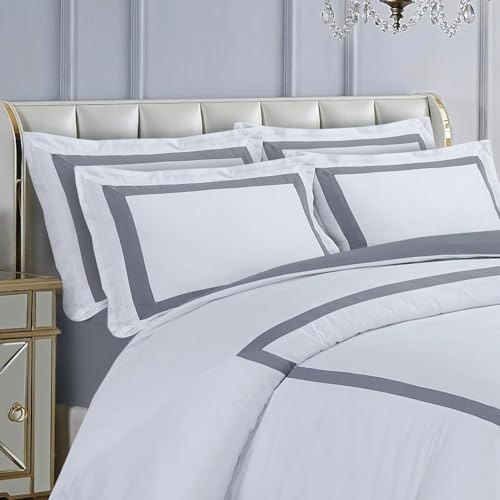 Majestic Giftware Madison Linen 4 Pcs 48" Full Size Duvet Bedding Set (BL4-48F-8-4pcs) Province Hotel Collection-White-Gray Tape 400 TC Cotton Sateen | 1 Fitted Sheet, 1 Duvet, 2 Pillowcases
