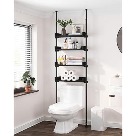 ALLZONE Adjustable Over The Toilet Storage Cabinet,Tension Mount Bathroom Organizers and Storage Over Toilet with 4 Adjustable Shelves,Over Toilet Bathroom Organizer Fit 92-116 Inch Tall,Black Cover