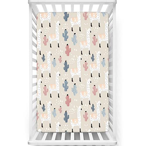 Image of Llama Themed Fitted Mini Crib Sheets,Portable Mini Crib Sheets Toddler Bed Mattress Sheets-Great for Boy or Girl Room or Nursery,24“ x38“,Multicolor