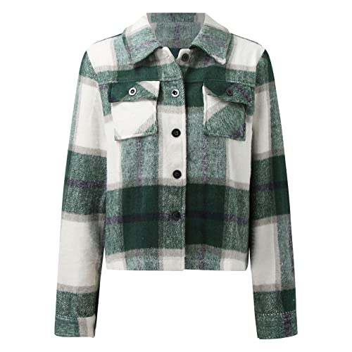 Womens Fashion Autumn Winter Lapel Single Breasted Plaid Jacket Short Top Fuzzy Fleece (Green, S) #TOP1