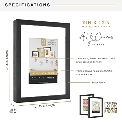 Image of MCS Gallery Wooden Picture Frame for Canvas, Art Boards, Photos and more, Black, 9x12 with 6x8 Mat