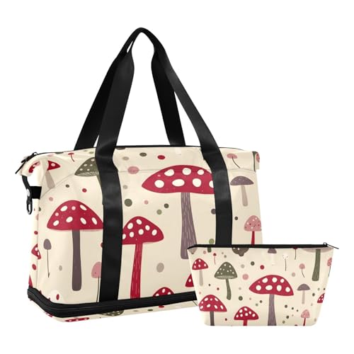 ALAZA Sports Duffel Bags with Toiletry Bag Set,Mushroom Dots Pattern Travel Duffel Bags Multi Pockets Weekend Bag2