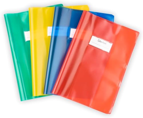Colourbook Copertine Quaderni A4 Colorate, Confezione 8 Pezzi, Giallo Verde Blu Rosso, PVC Resistente, Alette Salva Angoli, Etichetta Porta Nome
