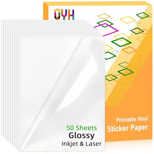 QYH Premium Printable Vinyl Sticker Paper-50 Sheets Glossy White, Quick-Drying Waterproof, Compatible with Inkjet & Laser Printer, Vivid Prints for DIY Crafts