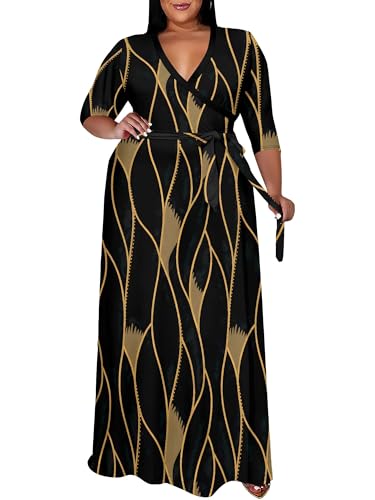 Image of PinkPatty Women's Plus Size Maxi Dress Print 3 /4 Sleeves V Neck Party Sundress Wedding Guest Dresses