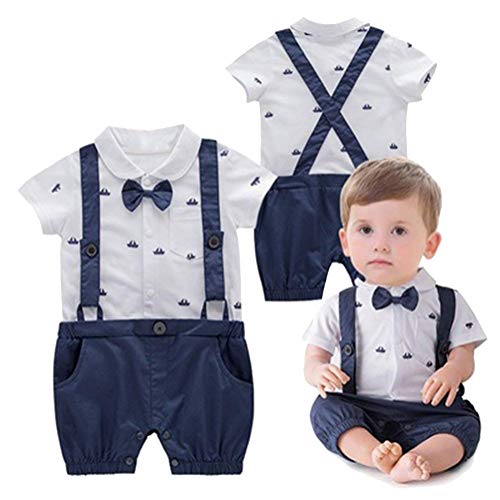 Minetom Pagliaccatti da Neonato Bambini Tutine Completini Batessimo A Manica Corta Smoking Baptism Formale Suit Estivo (0-24 Mesi) Manica Corta 0-3 Mesi