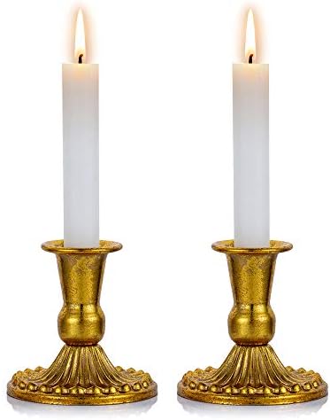 Sziqiqi Pcs of 2 Vintage Candlestick Holder Gold Taper Candle Holder Antique Shabbat Candleholder Set, Fits 1 Inch Tapered Candles, for Window and Mantle Display Home Decor, S + S