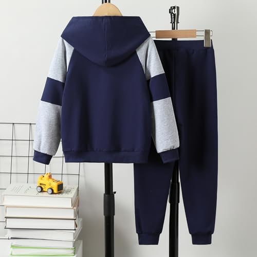 Image of 5-11Y Boys Clothes Long Sleeve Hooded Pullover Colorblock Sweatshirt + Pants 2pcs Fall Winter Outfit Set