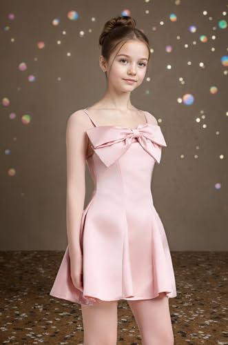 Satin Flower Girl Dress with Bow-Knot Spaghetti Strarp Short Party Dresses Sleeveless Homecoming Graduation Dress3