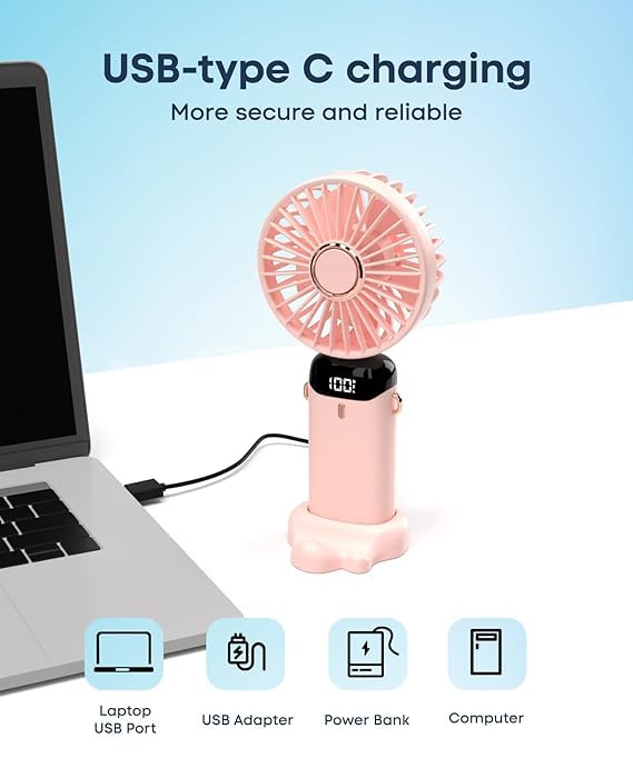 Image of Mini Portable Fan, Powerful Hand Fan 5 Speed 1800 mah Personal Small Desk Fan with Base, Lightweight Rechargeable USB Handheld Fan for Girl, Women, Men, Indoor, Outdoor (White)