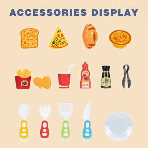 Ngbbby Kids Toy Kitchen Set with Air Fryer 15PCS Accessories, Cookies Maker with Music & Lights Color Changing Foods, for Aged 3+ Children