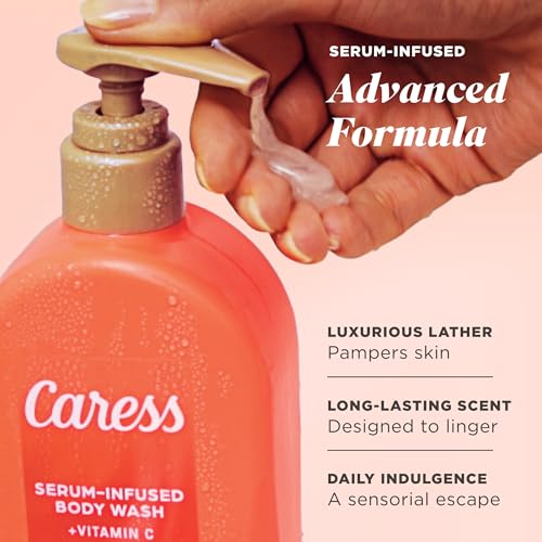 Image of Caress Creamy Guava Nectar Moisturizing Body Wash with Pump, Serum-Infused Formula with Vitamin C, Fruity Citrus Woody Long Lasting Fragrance, Dermatologist Tested, 20 fl oz (4 Pack)