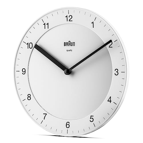 Braun Klassische analoge Wanduhr ruhigem Quarzuhrwerk, leicht lesbarem Zifferblatt mit 20 cm Durchmesser in Weiß, Modell BC06W.
