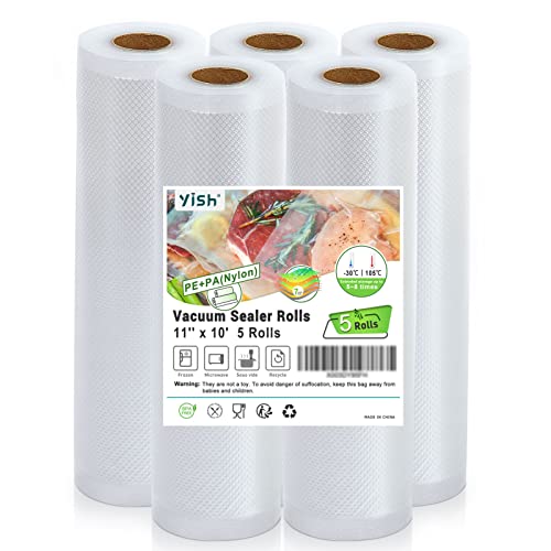 YISH Food Vacuum Sealer Savers Rolls: 5 Rolls, 11"x10' BPA Free, Commercial Grade Vac Seal Bags for All Vacuum Sealers & Sous Vide Cooking