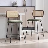 ZH4YOU Mid-Century Rattan Counter Height Bar Stools, 26'' Green PU Upholstered Counter Stools with Cane Back, Set of 2