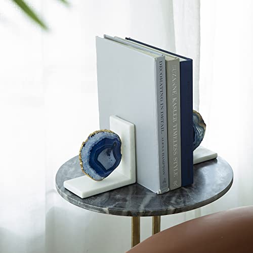 A&B Home Polished Blue Agate Crystal & Marble Bookends, Stone Pair Book Ends For Heavy Books, Decorative Accents, Home Decor For Living Room Library Bookshelf Bedroom Office, Set Of 2, 6" X 3" #TOP6