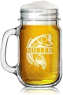 Engraved 16oz Mason Jar Glass Mug w/Handle Custom Personalized Gift Bass Fish Fishing