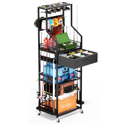 JIRTEMOT Fishing Rod Holder Rack Fits 0.45" + Rods, All-in-One Storage Cart for Rods, Reels, Tackle Boxes, Vented Fishing Rod Organizer No More Moisture & Odor