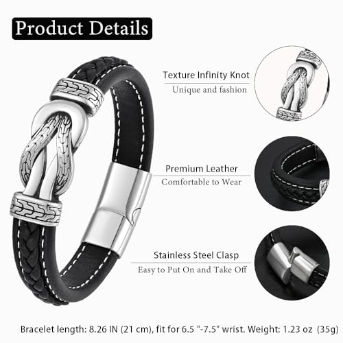 FYNSBLE Infinity Knot Leather Bracelet for Men 316L Stainless Steel Genuine Leather Bracelet Texture Wristband Cuff Stylish Cool jewelryGift for Men Father Husband by FYNSBLE - Used condition - Image 6