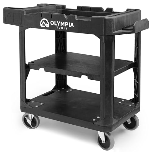 Olympia Tools Heavy Duty Utility Work Cart | 2 in 1 Convertible 3 Shelf to Flat Top Workstation | 660 lb Capacity, HDPE Frame, Ladder Hook, 4 Swivel Wheels | Tool Carts for Garage & Maintenance