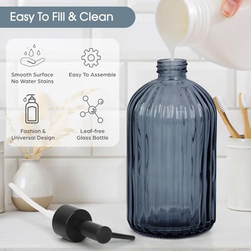 2 Pack Stripe Glass Soap Dispenser with Black Plastic Pump, 400ml Liquid Hand Soap Dispenser, Rustproof Pump for Kitchen & Bathroom, Great for Lotions, Essential Oil, Liquid Soaps- (Grayish Blue)3