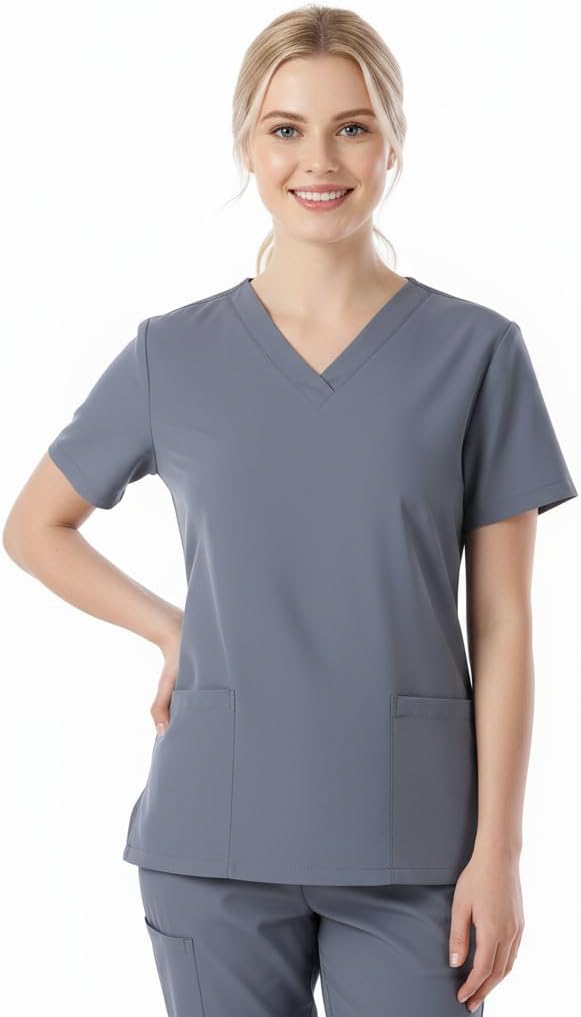 Women's V-Neck Scrubs 2PCS Short Sleeve with 2 Pockets Soft Stretch Sweat Absorbent & Moisture Transfer Q-DK56
