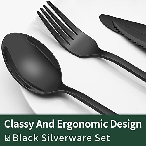 EWFEN 24-Piece Black Silverware Set with Steak Knives, Black Flatware Set for 4, Food-Grade Stainless Steel Tableware Cutlery Set, Mirror Finished Utensil Sets for Home Restaurant, Round Edge - 2