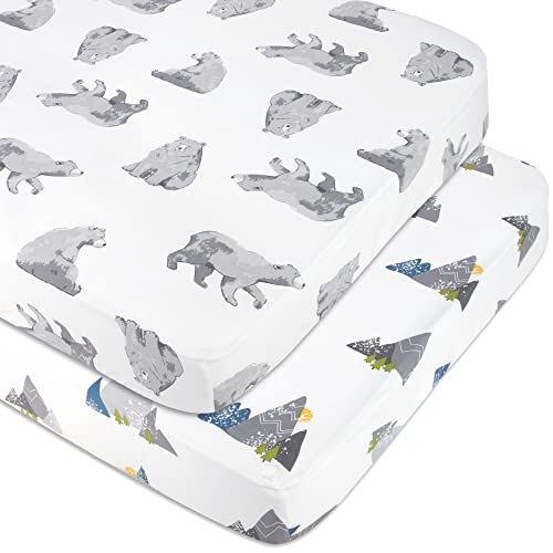 Image of Standard Microfiber Fitted Crib Sheets for Baby Girl, Boy & Neutral, 2 Pack - 28x52 Crib Essentials (Bears & Mountains)