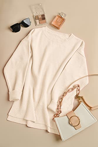 Cyihual Women's Long Sleeve Crewneck Sweater Tunic With Side Slits - Hip-Length Pullover Top For Leggings Cream #TOP5