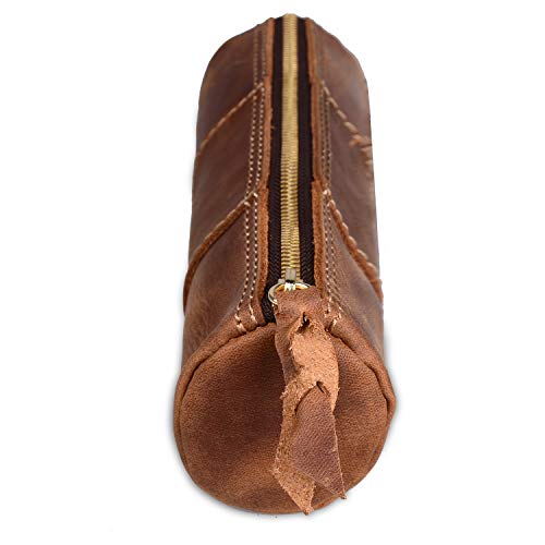 Jack&Chris Leather Pen Pouch-Handcrafted Zippered Pencil Case Holder for Students Artists Work&Office, School(Brown)