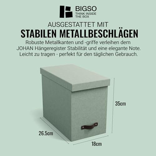 Bigso Box of Sweden JOHAN Pudełko z pokrywką – stylowe pudełko archiwalne z 8 zawieszanymi skoroszytami – pudełko na teczki wiszące z płyty pilśniowej i papieru o stylowym wyglądzie lnu, miętowa