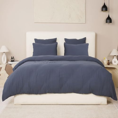 Parure de lit 220x240 gaze de coton lavé bleu pétrole pour grand lit douillet