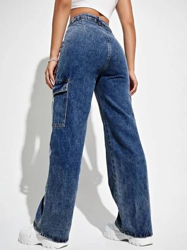 Image of Glossia Fashion High Waist Cargo Denim Jeans for Women Wide Leg Stretchable Straight Fit Jeans(WJ1-1215-$)