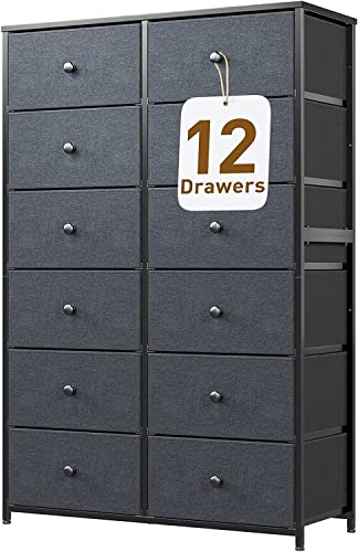 Enhomee Dresser For Bedroom Tall Dresser With 12 Drawers Wooden Top And Metal Frame Black Dressers & Chest Of Drawers For Bedroom, Closet, Clothes Black 35" L X 12" W X 52" H #TOP18