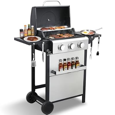 LMNOCHM Propane Grill with Folding Side Tables, 3-Burner Gas Grill with Full-Size Grease Tray and Removable Grease Cup, 30,000 BTU BBQ Grill with Wheels for Outdoor Cooking