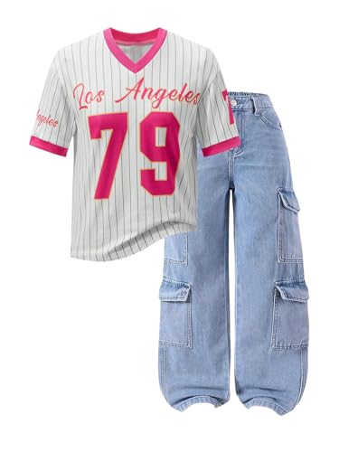 GORGLITTER Girl's Number Graphic Oversized Jersey Shirt Y2k Striped V Neck Short Sleeve Streetwear Tee Tops2