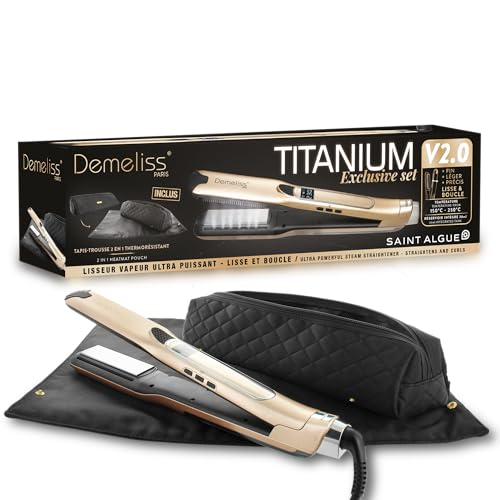 Demeliss Saint Algue Coffret Lisseur Vapeur Titanium V2.0 EXLUSIVE SET - Comprend un Tapis-Trousse 2 en 1 - Lissage Haute Performance, Hydratation Intense -...