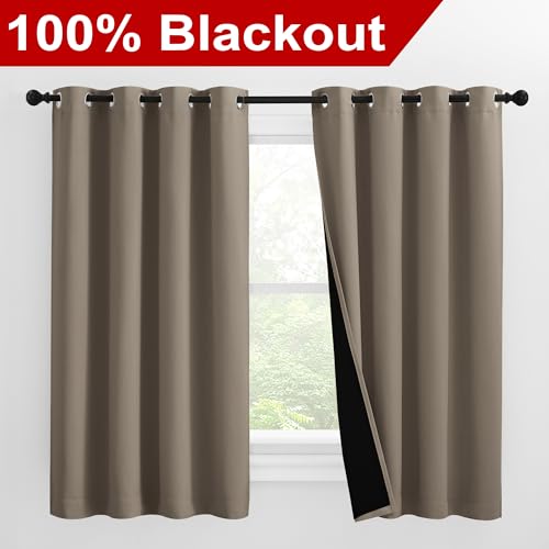 Image of NICETOWN 100% Blackout Curtains with Black Liners, Thermal Insulated Full Blackout 2-Layer Lined Drapes, Noise Cancellation Window Draperies for Dining Room (Taupe, 2 Panels, 55-inch W by 57-inch L)