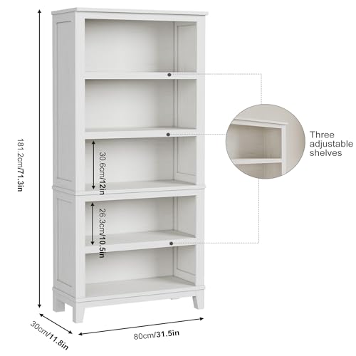 SLEKVERSA 71\" Farmhouse Bookcase w/Adjustable Shelves & 31.5\" Width, 5 Tier Tall Bookshelf with Wooden Legs, Rustic Vintage Book Shelf for Living Room Office Library (White)